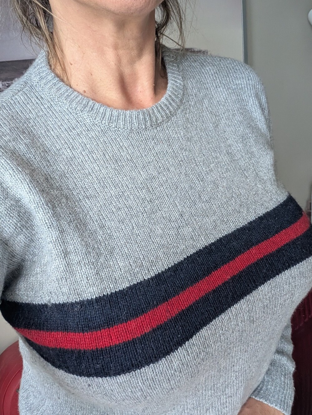Brandy Melville Gray Crewneck Sweater with Navy and Red Stripe - Women's